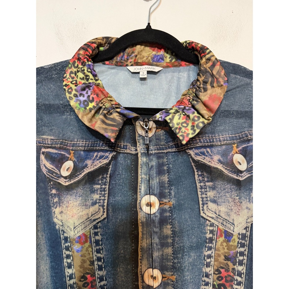 John Mark Y2K Mesh Denim Print Jacket Women Small Indie Grunge Festival Sheer - Picture 5 of 8